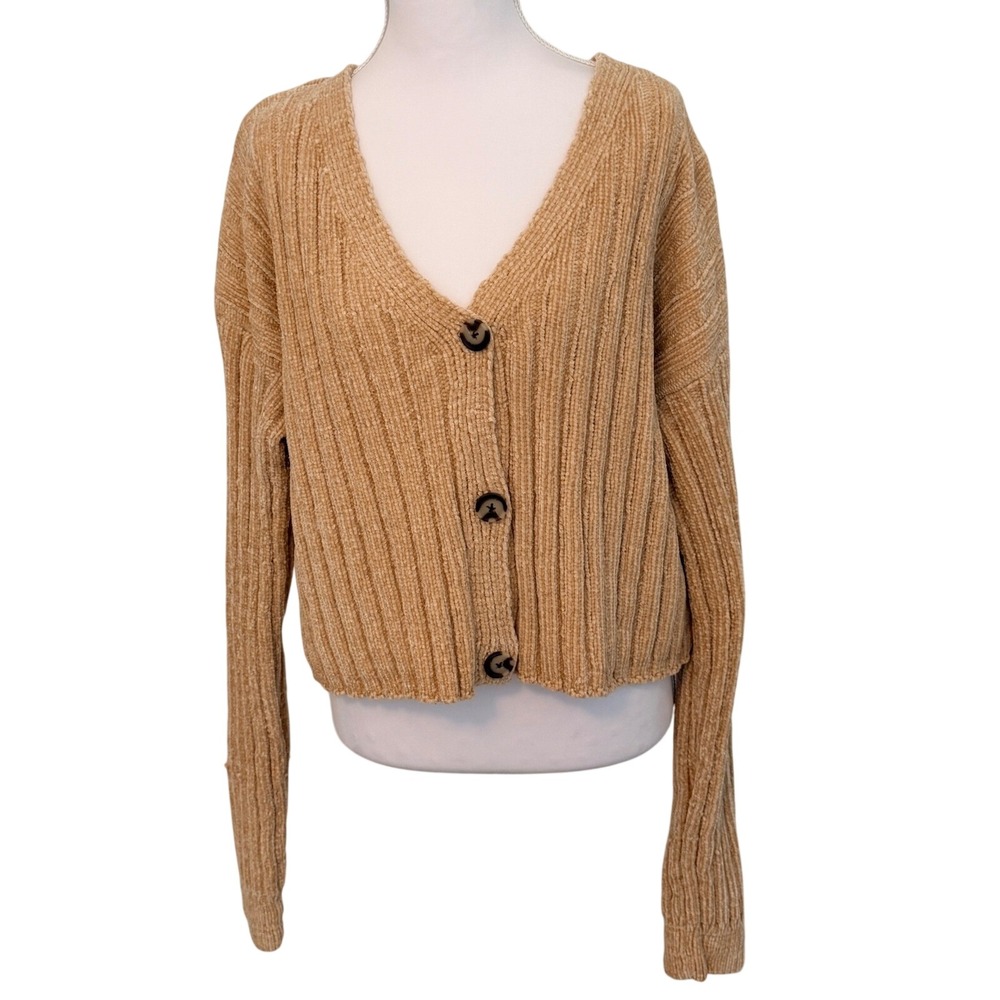 Lavender Moon Cardigan Sweater Womens Large Tan Chenille Ribbed V-Neck Buttons